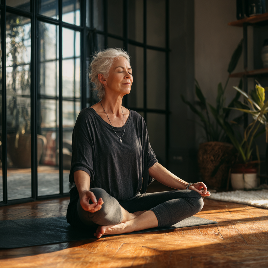 Mature woman enjoying peaceful yoga session in comfortable indoor space
