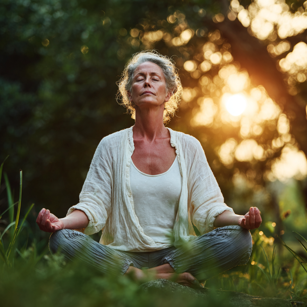 Peaceful middle-aged woman practicing yoga in a serene natural environment